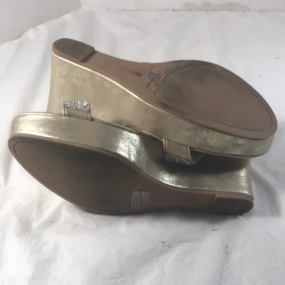 Daisy Fuentes Women’s Metallic Gold High Wedge Sandals with Rhinestone Accents - Picture 7 of 9